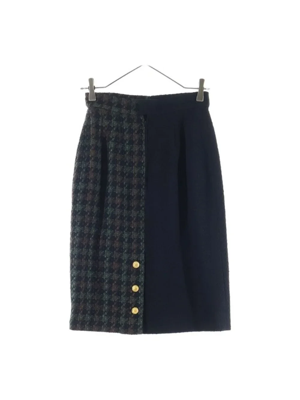 Chanel Coco Button Wool Tweed Set Vintage Tight Skirt 38 Black Green Brown